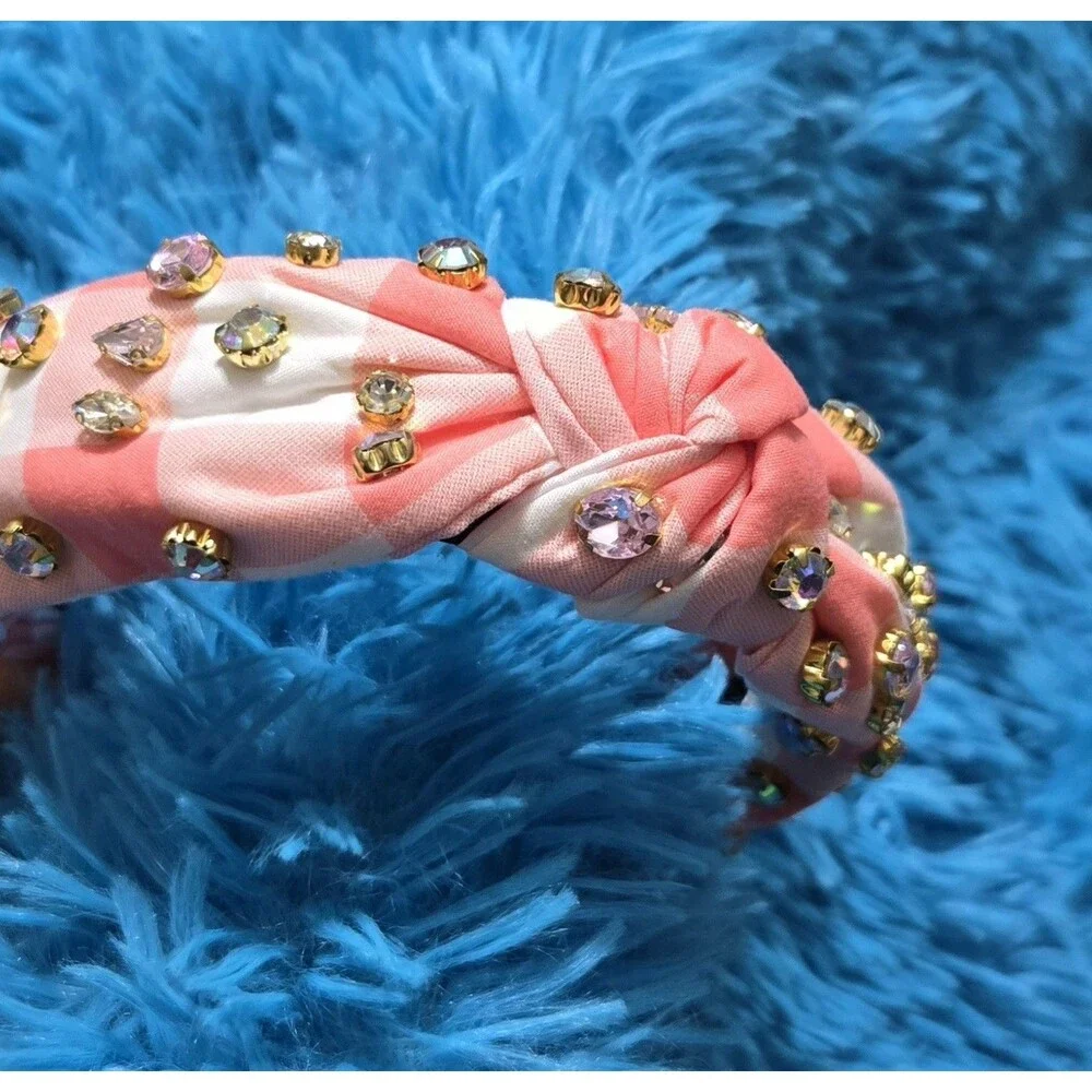 Pink White Striped Knotted Fabric Headband w/ Rhinestone Heart Embellish